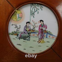 Pair of Chinese Porcelain Plaques Hand Painted Garden Female Scenes Framed Wood