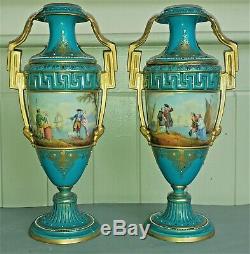 Pair of Fine Sevres Neo Classical Bleu Celeste Porcelain Hand Painted Vases