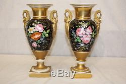 Pair of French Old Paris Hand Painted Swan Gilt Porcelain Mantel Urns C. 1810