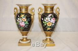 Pair of French Old Paris Hand Painted Swan Gilt Porcelain Mantel Urns C. 1810