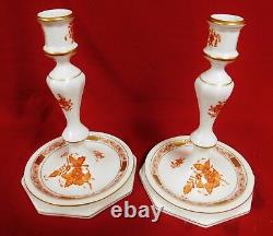 Pair of Hand Painted Herend Porcelain Lamp or candle stick, Chinese Bouquet rust