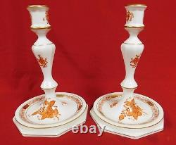 Pair of Hand Painted Herend Porcelain Lamp or candle stick, Chinese Bouquet rust
