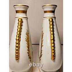 Pair of Limoges France White Porcelain Couleuvre Vases Hand Painted Gold Accents