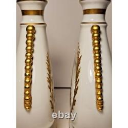 Pair of Limoges France White Porcelain Couleuvre Vases Hand Painted Gold Accents