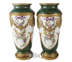 Pair of Sevres France Hand Painted Porcelain & Gilt Bronze Vases/Urns, c. 1900