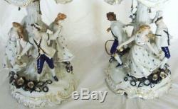 Pair of large German porcelain hand painted lamps lithophane shades