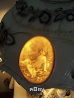 Pair of large German porcelain hand painted lamps lithophane shades