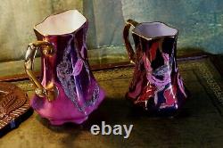 Pair of vintage porcelain milk jugs hand-painted by Sarah South Gilded