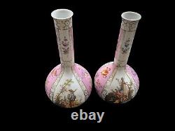 Pink Pair 19th Century Dresden Helena Wolfsohn Hand Painted Watteau Bottle Vase