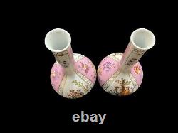 Pink Pair 19th Century Dresden Helena Wolfsohn Hand Painted Watteau Bottle Vase