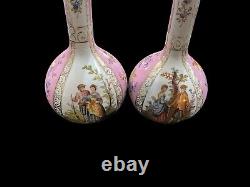 Pink Pair 19th Century Dresden Helena Wolfsohn Hand Painted Watteau Bottle Vase