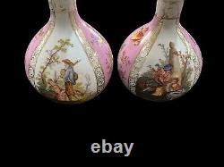 Pink Pair 19th Century Dresden Helena Wolfsohn Hand Painted Watteau Bottle Vase