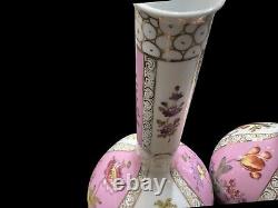 Pink Pair 19th Century Dresden Helena Wolfsohn Hand Painted Watteau Bottle Vase