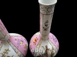 Pink Pair 19th Century Dresden Helena Wolfsohn Hand Painted Watteau Bottle Vase