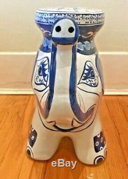 Porcelain Blue & White Elephant Hand Painted Garden Plant Stand / Side Table
