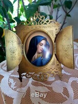 Porcelain Hand painted Religious convex plaque oval Ornate Brass Picture Mount