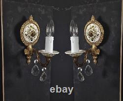 Pretty Pair of Vintage Italian Hand Painted Porcelain Brass Crystal Wall Lights