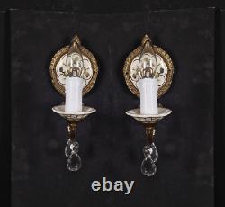 Pretty Pair of Vintage Italian Hand Painted Porcelain Brass Crystal Wall Lights