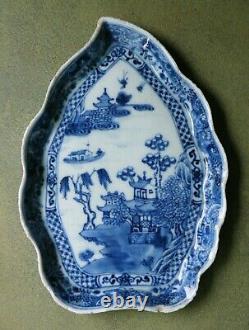 Qianlong Blue/White Leaf Shaped Dish. Finely Painted With A Chinese Landscape 1