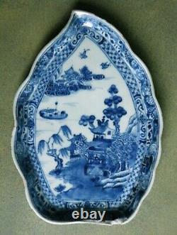 Qianlong Blue/White Leaf Shaped Dish. Finely Painted With A Chinese Landscape 2