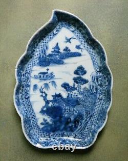 Qianlong Blue/White Leaf Shaped Dish. Finely Painted With A Chinese Landscape 3