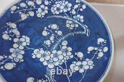 Qing Chinese Porcelain 25.3cm Blue + White Prunus Blossom Pattern Plate + Leaves