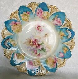 R. S. Prussia Hand Painted Roses Porcelain Handled Cake Plate Floral Mold 11 1/4
