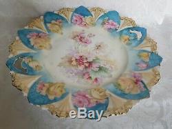 R. S. Prussia Hand Painted Roses Porcelain Handled Cake Plate Floral Mold 11 1/4