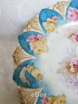 R. S. Prussia Hand Painted Roses Porcelain Handled Cake Plate Floral Mold 11 1/4