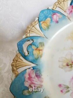 R. S. Prussia Hand Painted Roses Porcelain Handled Cake Plate Floral Mold 11 1/4