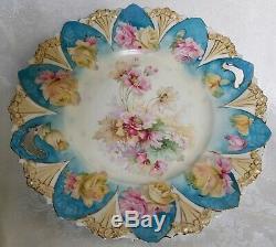 R. S. Prussia Hand Painted Roses Porcelain Handled Cake Plate Floral Mold 11 1/4