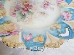 R. S. Prussia Hand Painted Roses Porcelain Handled Cake Plate Floral Mold 11 1/4