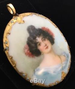 RARE Antique Vintage Porcelain Portrait Brooch Pin Pendent Hand Painted C Clasp