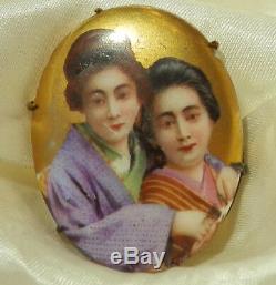 RARE OOAK Vintage 1800's Hand Painted Asian Women Cameo Porcelain Brooch 199jn8