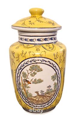 RARE Vintage Chinese Yellow Ground & Cock & Fox Hand Painted Scenes Ginger Jar