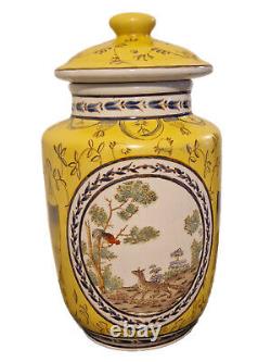 RARE Vintage Chinese Yellow Ground & Cock & Fox Hand Painted Scenes Ginger Jar