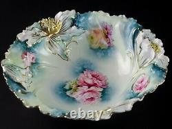 RS Prussia Giant Carnation Bowl w Pink Open Roses, Blue & Gold, Antique 10 1/2