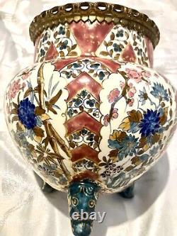 Rare Antique Fischer J Budapest Hand Painted, Gold Gilded, Pink And Blue Planter