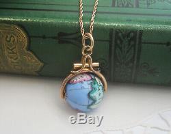 Rare Antique Victorian Gold Filled Hand Painted World Map Globe Pendant Necklace