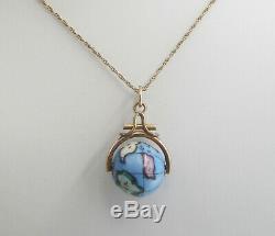 Rare Antique Victorian Gold Filled Hand Painted World Map Globe Pendant Necklace