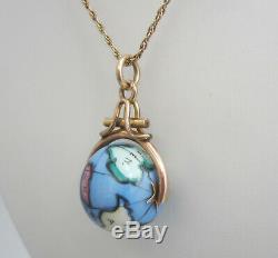 Rare Antique Victorian Gold Filled Hand Painted World Map Globe Pendant Necklace