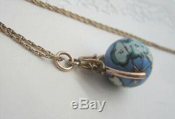 Rare Antique Victorian Gold Filled Hand Painted World Map Globe Pendant Necklace