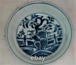 Rare Chinese Kangxi Blue & White Rock, Fence & Tree Dish with Trailing Flowers