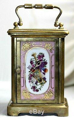 Rare French Carriage Clock Antique Serves Pink Porcelain hand painted Panels