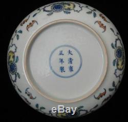 Rare Old Chinese Hand Painting Peaches & Bats Porcelain Plate Marked YongZheng