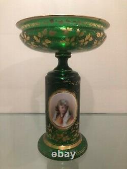 Rare PAIR MOSER Green GLASS and PORCELAIN PORTRAIT Pedestal GOLD GILT COMPOTES