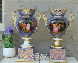 Rare antique PAIR French Vieux paris porcelain hand paint victorian scene vases