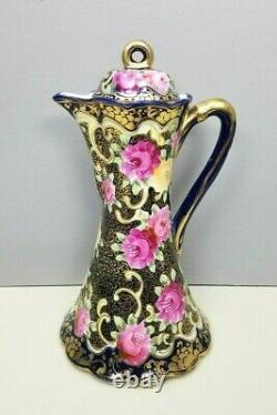 Royal Kinran Hot Chocolate Pot Nippon Pink Yellow Roses Cobalt Blue Antique