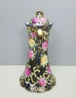 Royal Kinran Hot Chocolate Pot Nippon Pink Yellow Roses Cobalt Blue Antique