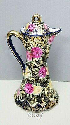 Royal Kinran Hot Chocolate Pot Nippon Pink Yellow Roses Cobalt Blue Antique